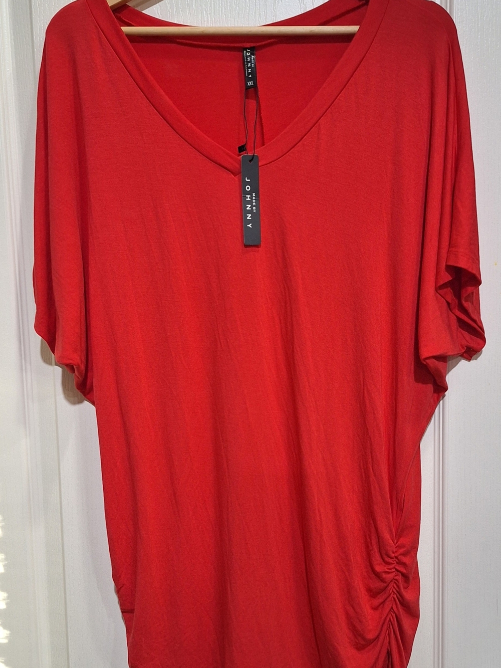 NWT Made by Johnny Red Tunic Dolman Sleeve V-Neck Side Ruched Top XXL Flaw